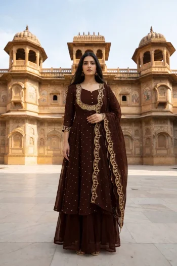 FANCY VICHITRA SILK EMBROIDERY THREAD WORK TOP LEHENGA WITH DUPATTA BROWN