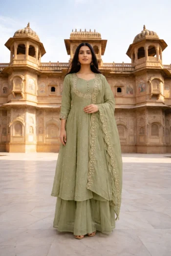 FANCY VICHITRA SILK EMBROIDERY THREAD WORK TOP LEHENGA WITH DUPATTA PISTA