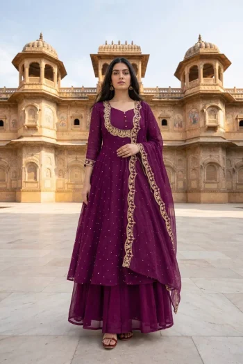 FANCY VICHITRA SILK EMBROIDERY THREAD WORK TOP LEHENGA WITH DUPATTA PURPLE