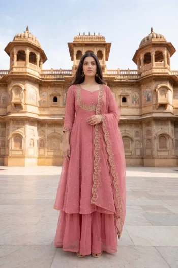 FANCY VICHITRA SILK EMBROIDERY THREAD WORK TOP LEHENGA WITH DUPATTA BABY PINK