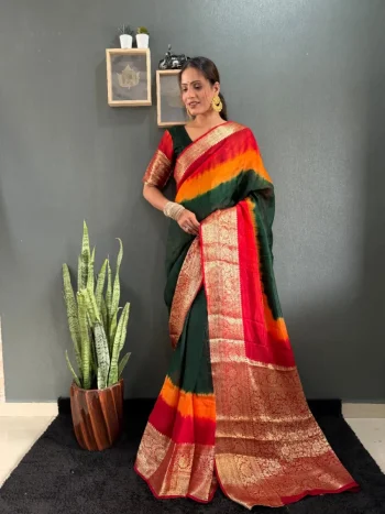 FANCY VISCOSE SILK WEAVING & 3D DYED WORK GOWN SAREE GREEN