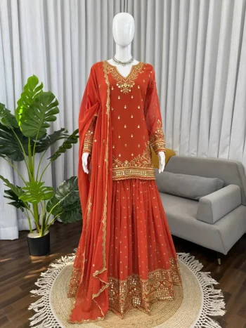 FASHIONABLE GEORGETTE THREAD WITH 9 MM SEQUENCE WORK TOP PALAZZO WITH DUPATTA ORANGE