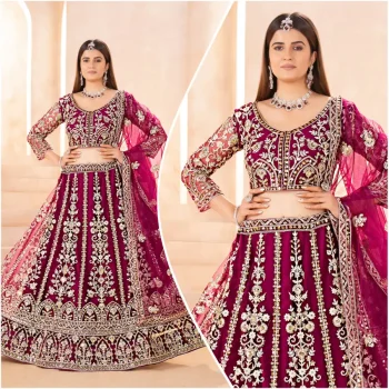 FASHIONABLE NET EMBROIDERY SEQUENCE DESIGN WORK LEHENGA CHOLI WITH DUPATTA PINK