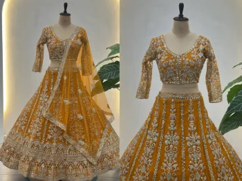 FASHIONABLE NET EMBROIDERY SEQUENCE DESIGN WORK LEHENGA CHOLI WITH DUPATTA YELLOW