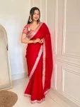 MODERN FENDY SATIN SILK SEQUENCE AND JARI & MULTI THREAD EMBROIDERY WITH LACE BORDER WORK SAREE WITH STITCHED BLOUSE RED