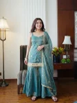 MODERN FENDY SILK EMBROIDERY SEQUENCE WORK WITH REAL MIRROR WORK TOP SHARARA WITH DUPATTA SKY
