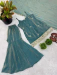 MMODERN FENDY SILK EMBROIDERY SEQUENCE WORK WITH REAL MIRROR WORK TOP SHARARA WITH DUPATTA FESTIVE WEAR WHOLESALE PRICE ETHNIC GARMENT (5)