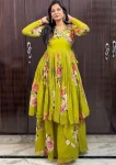 MODERN AMERICAN CREPE FLORAL PRINTED WITH SEQUENCE EMBROIDERY WORK KURTI PALAZZO SET PARROT GREEN