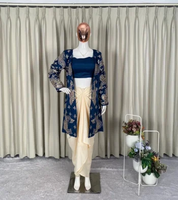 MODERN BANGLORI SILK PLAIN DRAPED SKIRT AND BLOUSE WITH CODING WITH SEQUENCE EMBROIDERY WORK KOTI NAVY BLUE