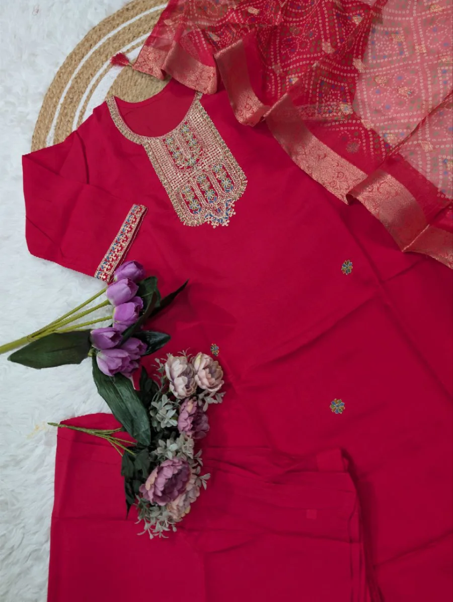MODERN CHANDERI SEQUENCE CODING EMBROIDERY WORK TOP BOTTOM WITH DUPATTA FESTIVE WEAR WHOLESALE PRICE ETHNIC GARMENT (8)