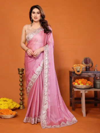 MODERN CHIFFON EMBROIDERY WORK SAREE WITH UNSTITCHED BLOUSE BABY PINK