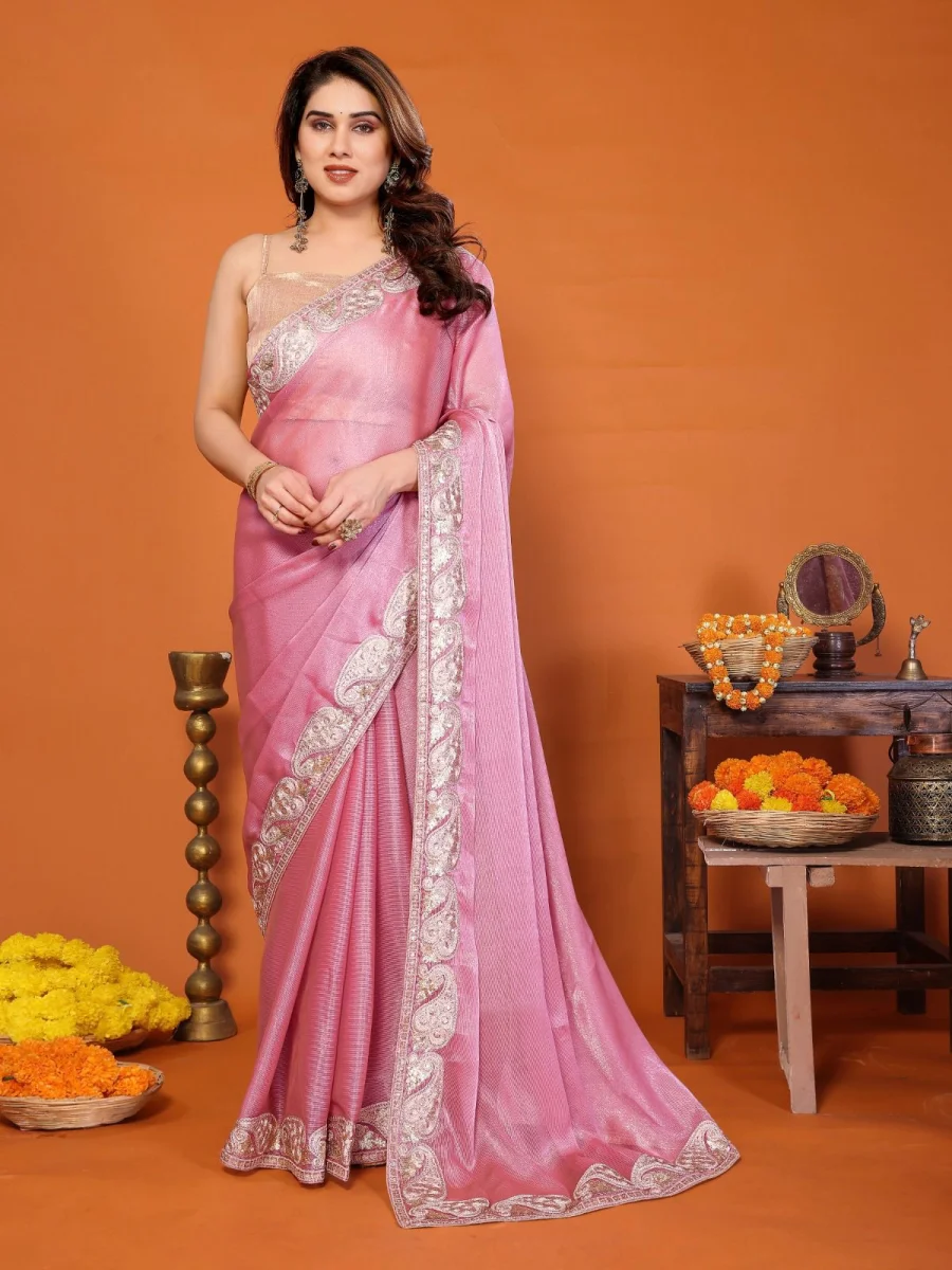 MODERN CHIFFON EMBROIDERY WORK SAREE WITH UNSTITCHED BLOUSE WEDDING WEAR WHOLESALE PRICE ETHNIC GARMENT (5)