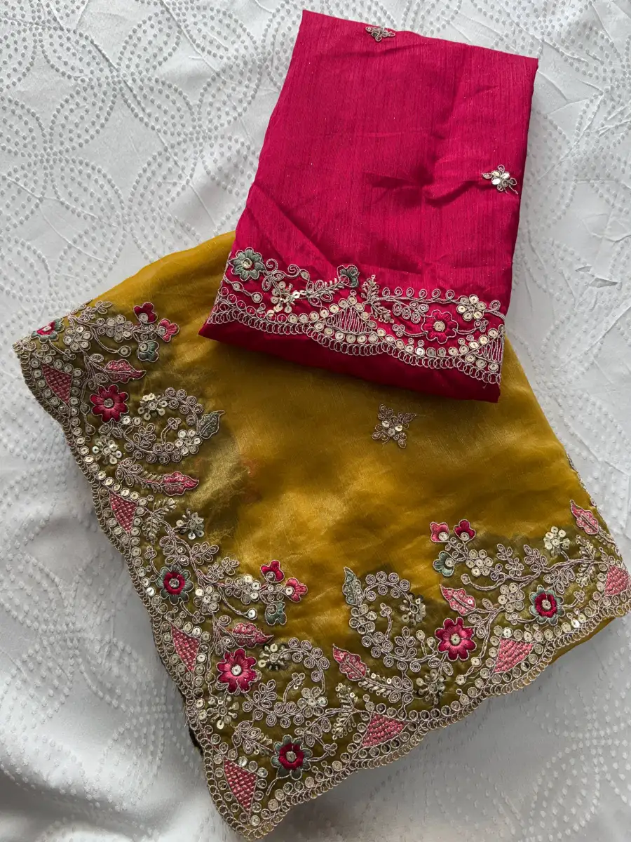 MODERN CHIFFON SILK EMBROIDERY WITH PIPING BORDER WORK SAREE WITH UNSTITCHED BLOUSE WEDDING WEAR WHOLESALE PRICE ETHNIC GARMENT (12)