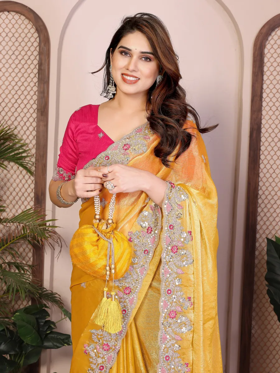MODERN CHIFFON SILK EMBROIDERY WITH PIPING BORDER WORK SAREE WITH UNSTITCHED BLOUSE WEDDING WEAR WHOLESALE PRICE ETHNIC GARMENT (2)