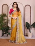 MODERN CHIFFON SILK EMBROIDERY WITH PIPING BORDER WORK SAREE WITH UNSTITCHED BLOUSE YELLOW