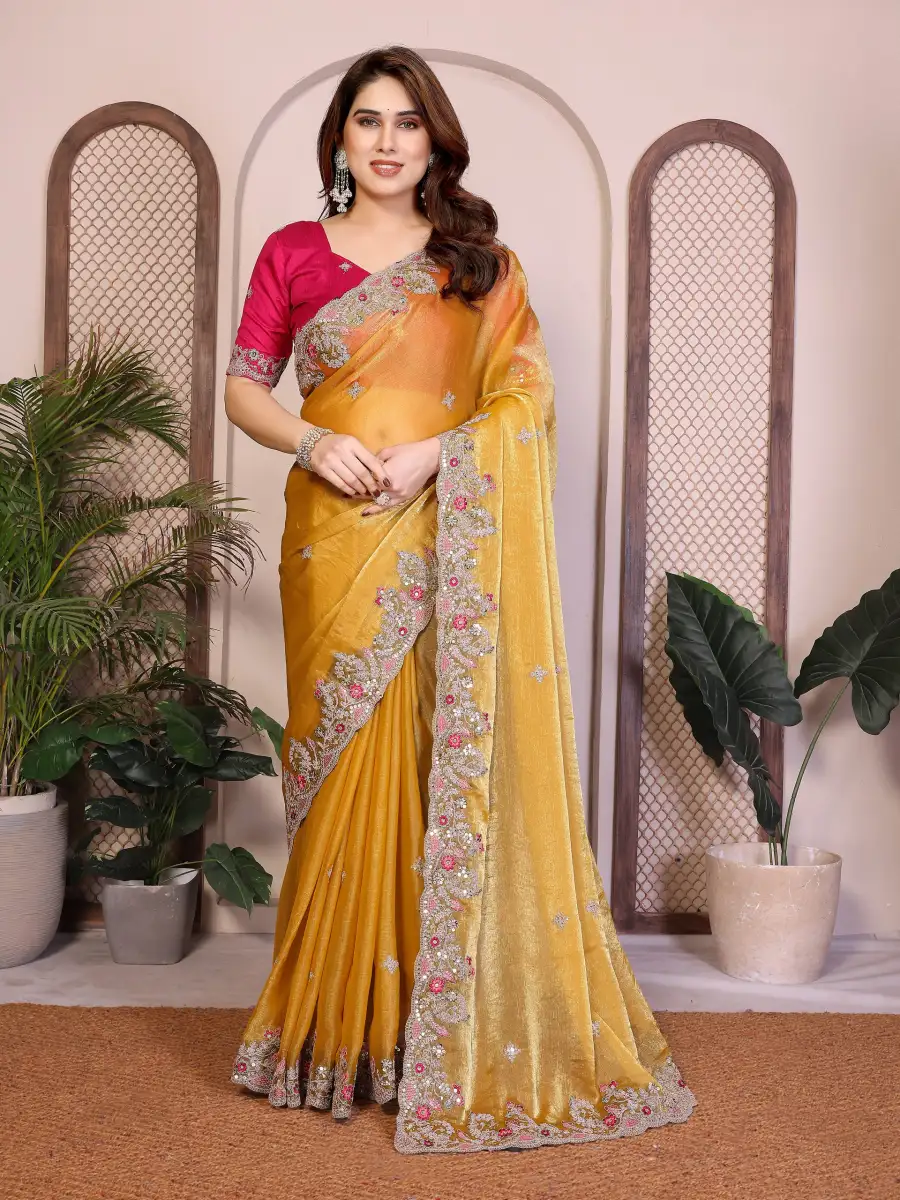 MODERN CHIFFON SILK EMBROIDERY WITH PIPING BORDER WORK SAREE WITH UNSTITCHED BLOUSE WEDDING WEAR WHOLESALE PRICE ETHNIC GARMENT (3)