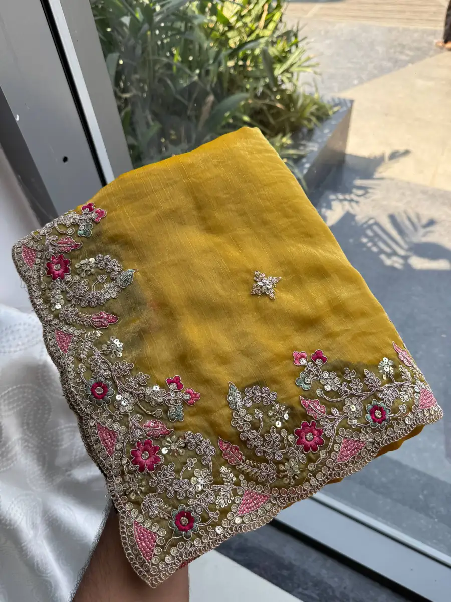 MODERN CHIFFON SILK EMBROIDERY WITH PIPING BORDER WORK SAREE WITH UNSTITCHED BLOUSE WEDDING WEAR WHOLESALE PRICE ETHNIC GARMENT (8)