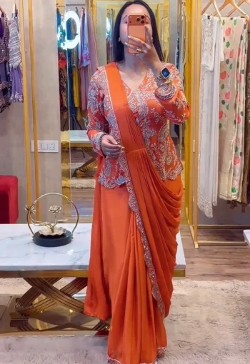 MODERN CHINON EMBROIDERY WORK READY TO WEAR SAREE WITH FULL STITCHED JACKET AND BLOUSE ORANGE