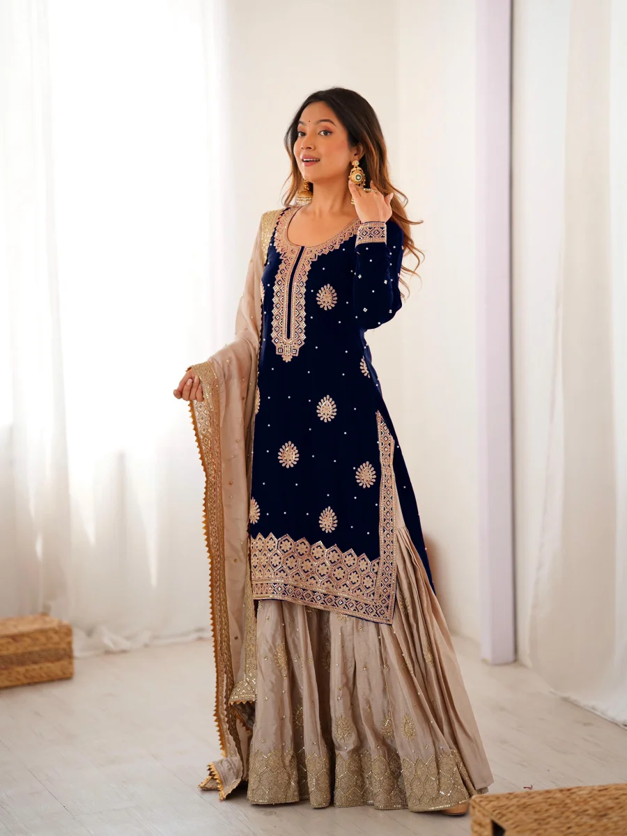 MODERN CHINON SILK CODING & SEQUENCE WORK WITH PEARL WORK TOP SHARARA WITH DUPATTA FESTIVE WEAR WHOLESALE PRICE ETHNIC GARMENT (2)