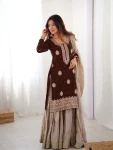 MODERN CHINON SILK CODING & SEQUENCE WORK WITH PEARL WORK TOP SHARARA WITH DUPATTA BROWN