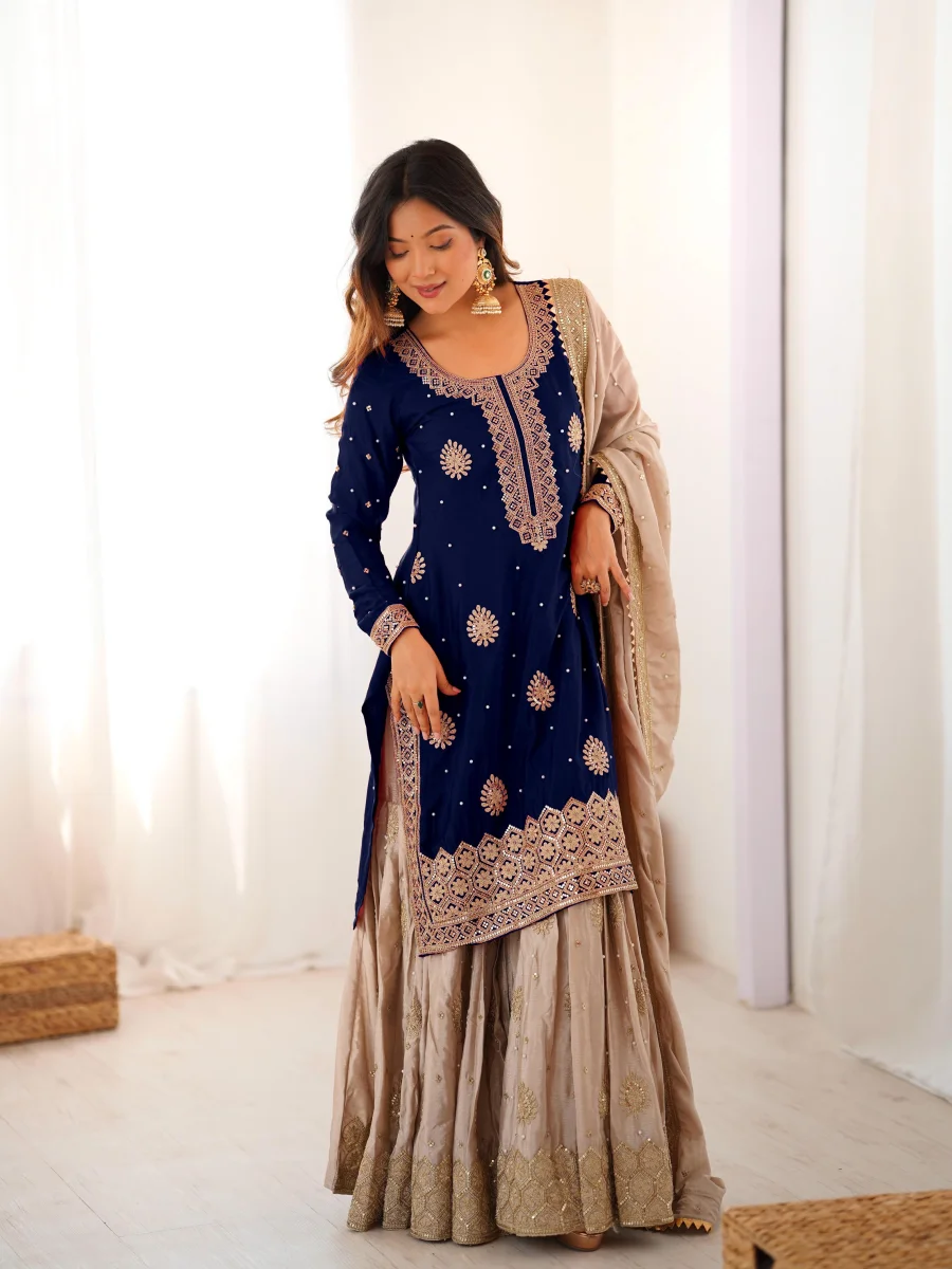 MODERN CHINON SILK CODING & SEQUENCE WORK WITH PEARL WORK TOP SHARARA WITH DUPATTA FESTIVE WEAR WHOLESALE PRICE ETHNIC GARMENT (3)