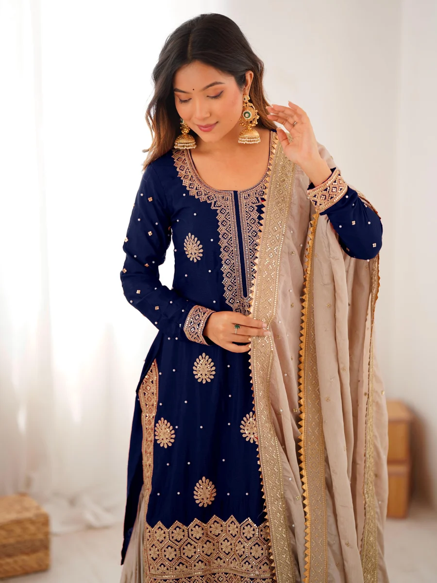 MODERN CHINON SILK CODING & SEQUENCE WORK WITH PEARL WORK TOP SHARARA WITH DUPATTA FESTIVE WEAR WHOLESALE PRICE ETHNIC GARMENT (5)
