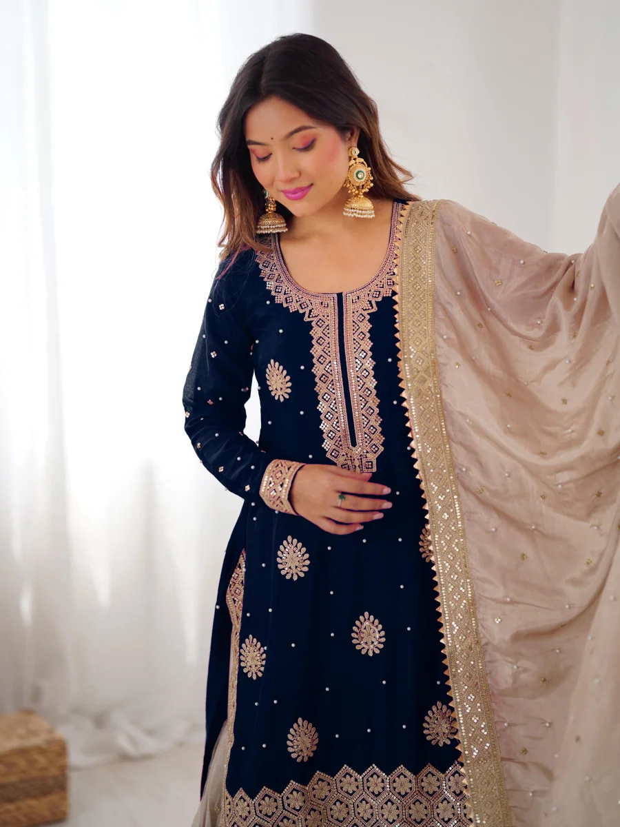 MODERN CHINON SILK CODING & SEQUENCE WORK WITH PEARL WORK TOP SHARARA WITH DUPATTA FESTIVE WEAR WHOLESALE PRICE ETHNIC GARMENT (6)