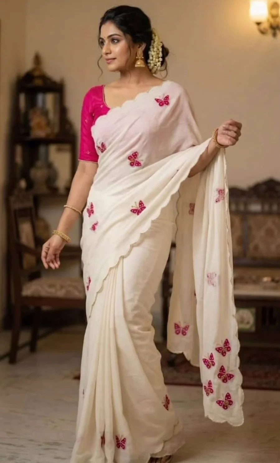 MODERN CHINON SILK CUTDANA AND MOTI HANDWORK WITH SCALLOP BORDER WORK SAREE WITH UNSTITCHED BLOUSE WEDDING WEAR WHOLESALE PRICE ETHNIC GARMENT (2)