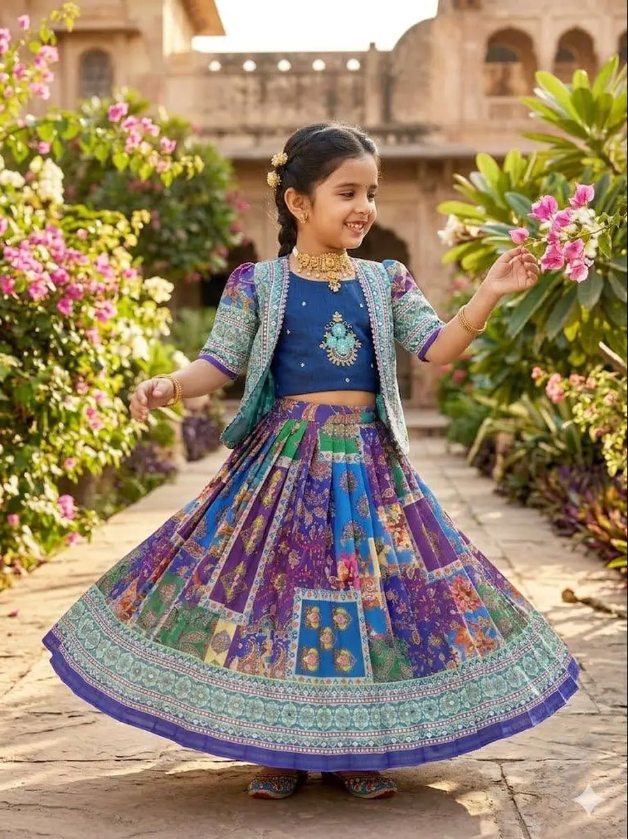 MODERN CHINON SILK DIGITAL PRINT, MIRROR HANDWORK & GOTA SAMOSA LACE WORK KID'D LEHENGA CHOLI WITH KOTI FESTIVE WEAR WHOLESALE PRICE ETHNIC GARMENT (1)