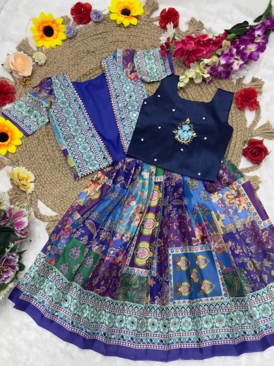MODERN CHINON SILK DIGITAL PRINT, MIRROR HANDWORK & GOTA SAMOSA LACE WORK KID'D LEHENGA CHOLI WITH KOTI FESTIVE WEAR WHOLESALE PRICE ETHNIC GARMENT (11)