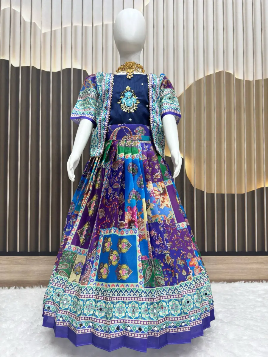 MODERN CHINON SILK DIGITAL PRINT, MIRROR HANDWORK & GOTA SAMOSA LACE WORK KID'D LEHENGA CHOLI WITH KOTI FESTIVE WEAR WHOLESALE PRICE ETHNIC GARMENT (2)