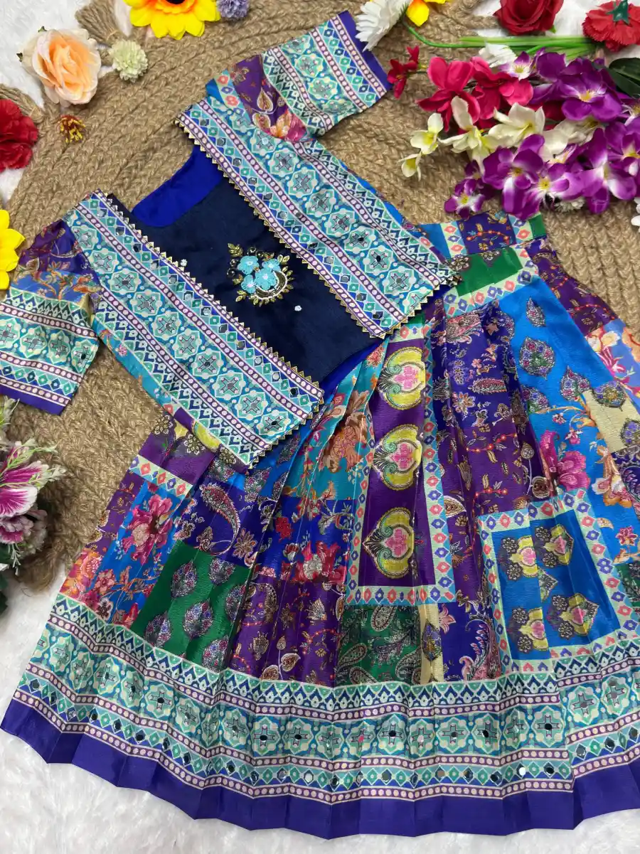 MODERN CHINON SILK DIGITAL PRINT, MIRROR HANDWORK & GOTA SAMOSA LACE WORK KID'D LEHENGA CHOLI WITH KOTI FESTIVE WEAR WHOLESALE PRICE ETHNIC GARMENT (9)