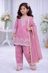 MODERN CHINON SILK EMBROIDERY SEQUENCE WORK KID'S TOP BOTTOM WITH DUPATTA BABY PINK