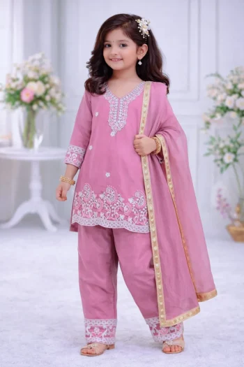 MODERN CHINON SILK EMBROIDERY SEQUENCE WORK KID'S TOP BOTTOM WITH DUPATTA BABY PINK