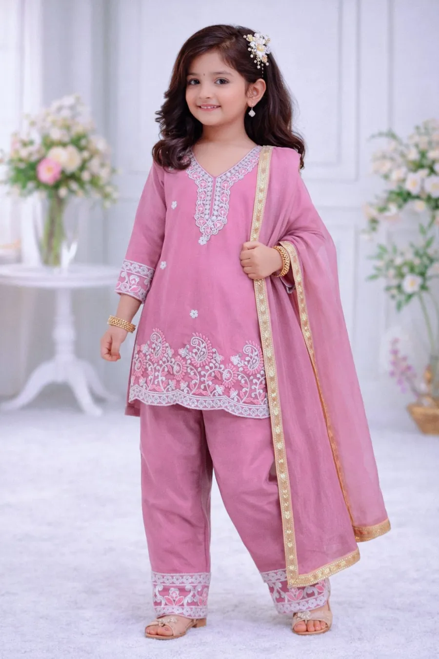 MODERN CHINON SILK EMBROIDERY SEQUENCE WORK KID'S TOP BOTTOM WITH DUPATTA FESTIVE WEAR WHOLESALE PRICE ETHNIC GARMENT (12)