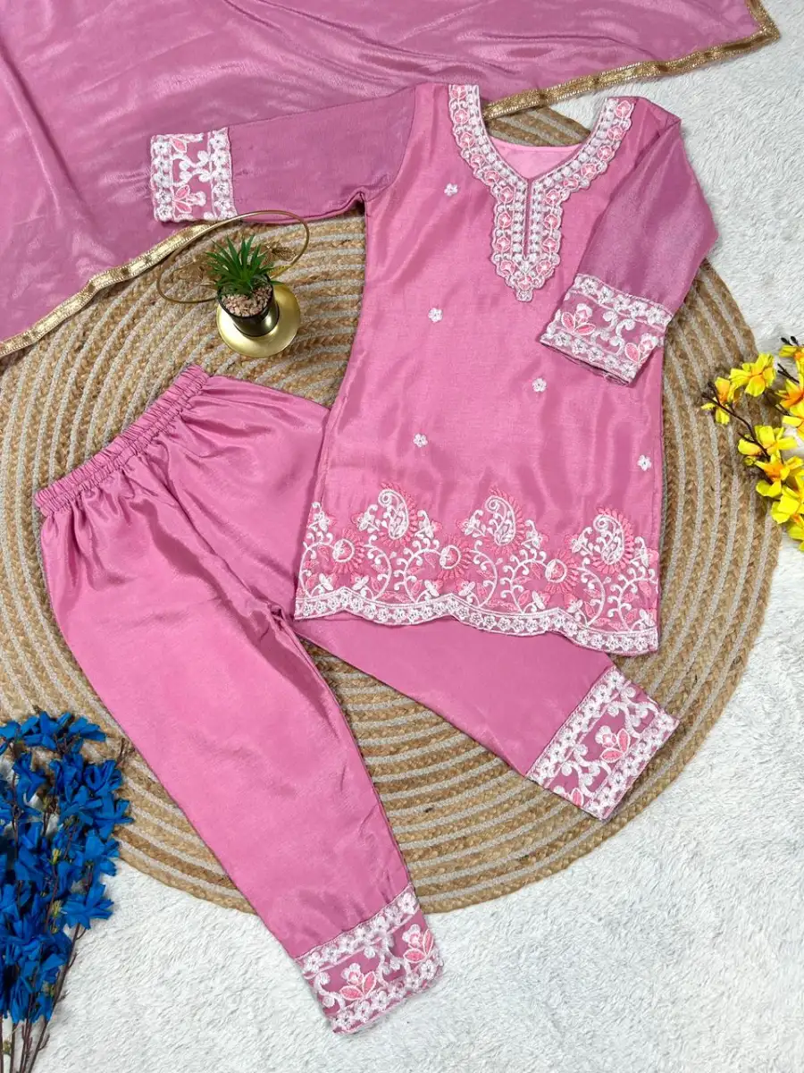 MODERN CHINON SILK EMBROIDERY SEQUENCE WORK KID'S TOP BOTTOM WITH DUPATTA FESTIVE WEAR WHOLESALE PRICE ETHNIC GARMENT (26)