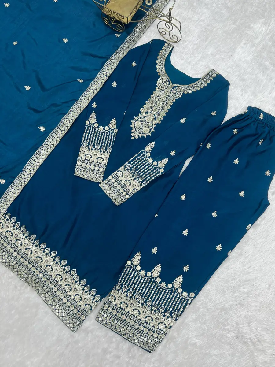 MODERN CHINON SILK EMBROIDERY SEQUENCE,JARI WORK TOP BOTTOM WITH DUPATTA FESTIVE WEAR WHOLESALE PRICE ETHNIC GARMENT (1)