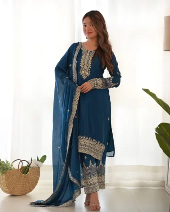 MODERN CHINON SILK EMBROIDERY SEQUENCE,JARI WORK TOP BOTTOM WITH DUPATTA TEAL