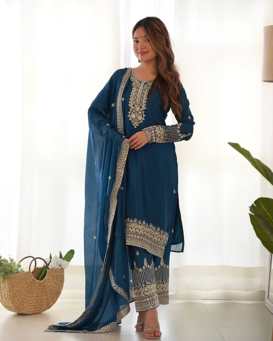 MODERN CHINON SILK EMBROIDERY SEQUENCE,JARI WORK TOP BOTTOM WITH DUPATTA FESTIVE WEAR WHOLESALE PRICE ETHNIC GARMENT (5)