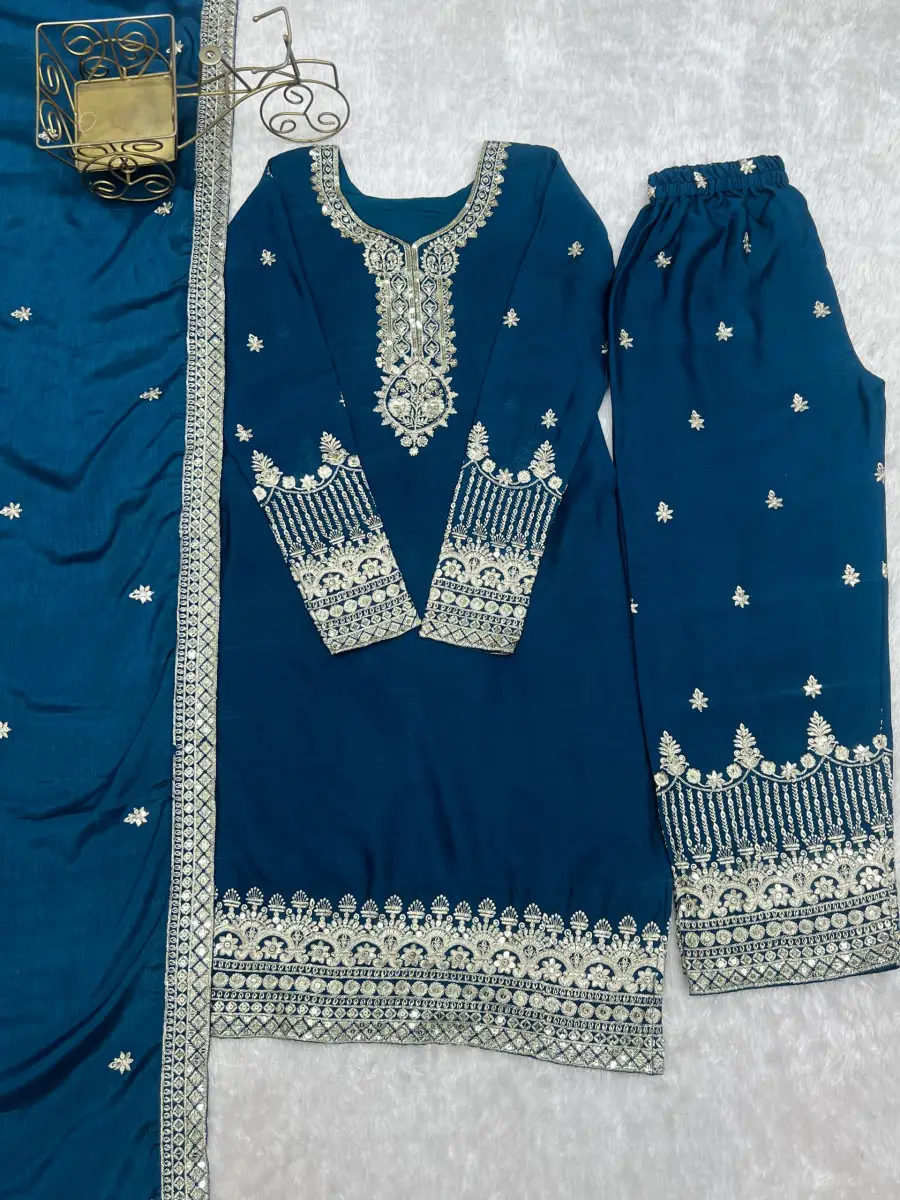 MODERN CHINON SILK EMBROIDERY SEQUENCE,JARI WORK TOP BOTTOM WITH DUPATTA FESTIVE WEAR WHOLESALE PRICE ETHNIC GARMENT (8)