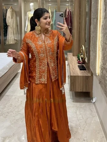 MODERN CHINON SILK MULTI THREAD EMBROIDERY WITH SEQUENCE WORK TOP LEHENGA WITH DUPATTA ORANGE