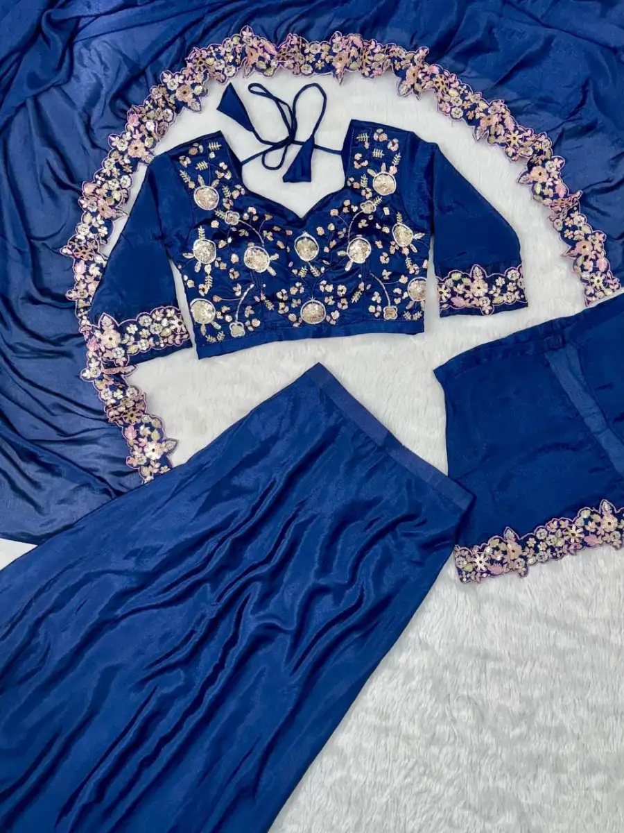 MODERN CHINON THREAD, EMBROIDERY , ZARI AND SEQUENCE WORK BLOUSE PALAZZO WITH SHRUG PARTY WEAR WHOLESALE PRICE ETHNIC GARMENT (11)