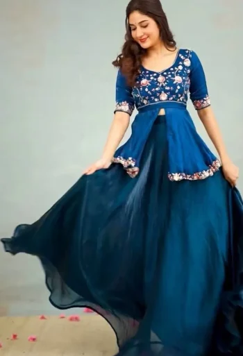 MODERN CHINON THREAD, EMBROIDERY , ZARI AND SEQUENCE WORK BLOUSE PALAZZO WITH SHRUG BLUE