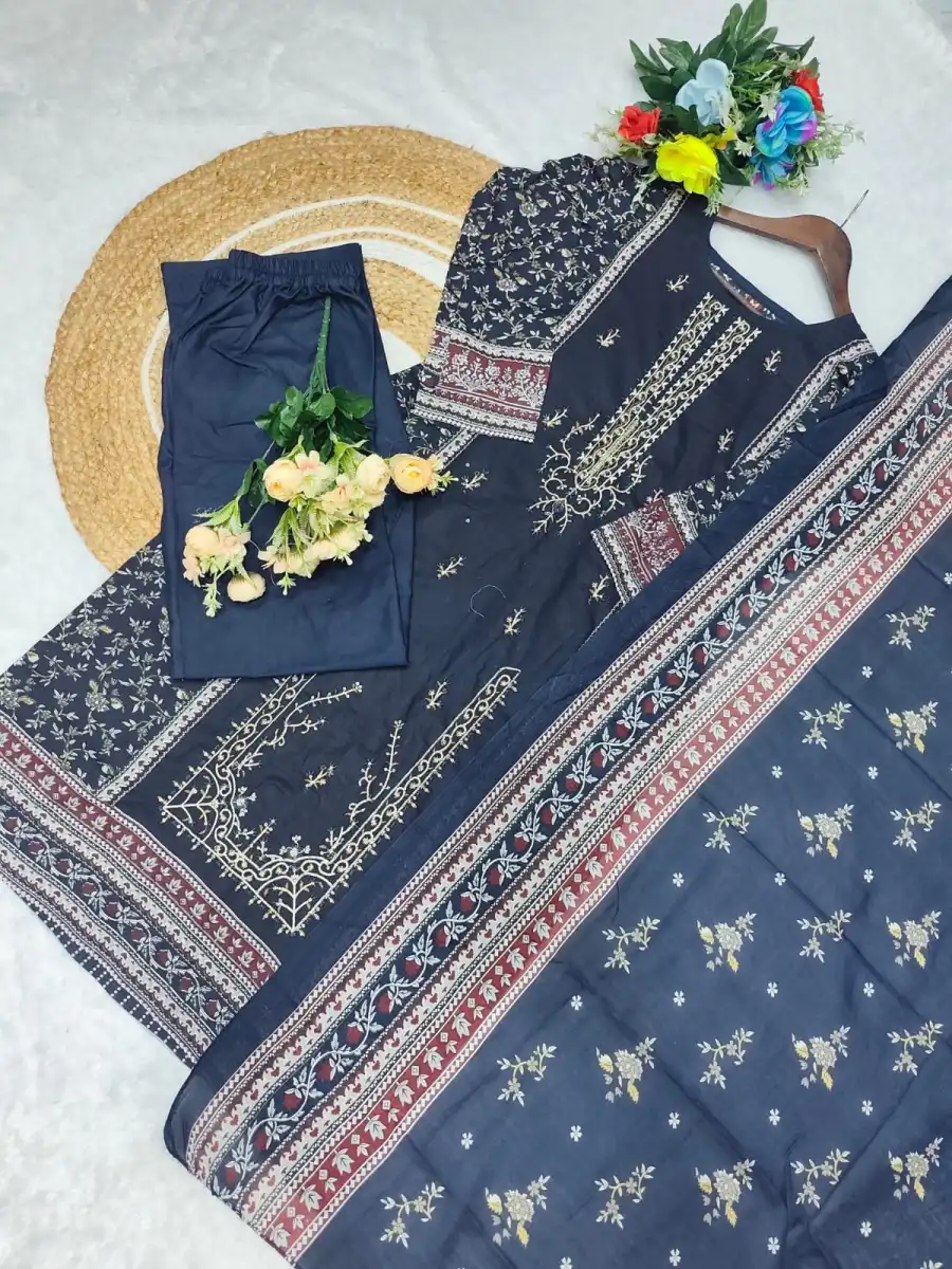 MODERN COTTON PRINT WITH EMBROIDERY SEQUENCE WORK TOP BOTTOM WITH DUPATTA DAILY WEAR WHOLESALE PRICE ETHNIC GARMENT (1)