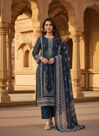 MODERN COTTON PRINT WITH EMBROIDERY SEQUENCE WORK TOP BOTTOM WITH DUPATTA NAVY BLUE
