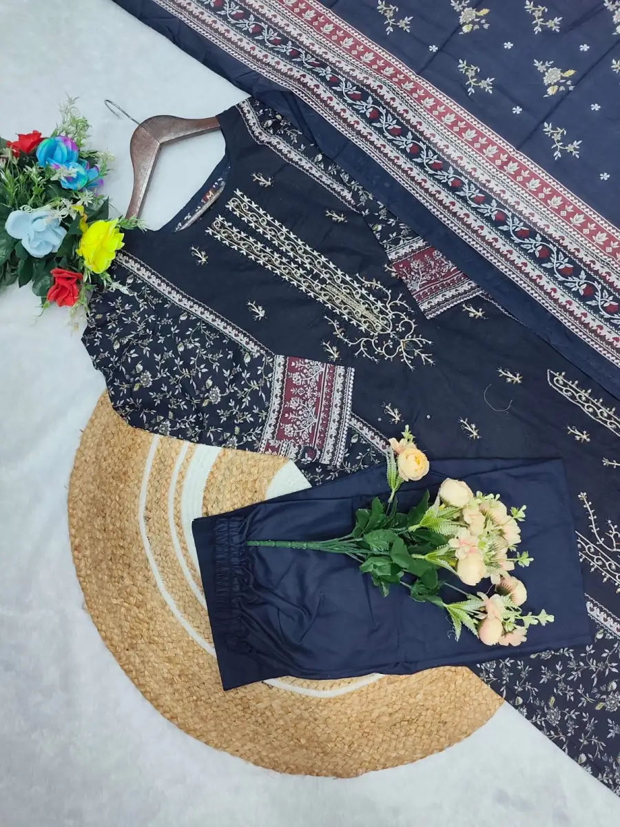 MODERN COTTON PRINT WITH EMBROIDERY SEQUENCE WORK TOP BOTTOM WITH DUPATTA DAILY WEAR WHOLESALE PRICE ETHNIC GARMENT (6)