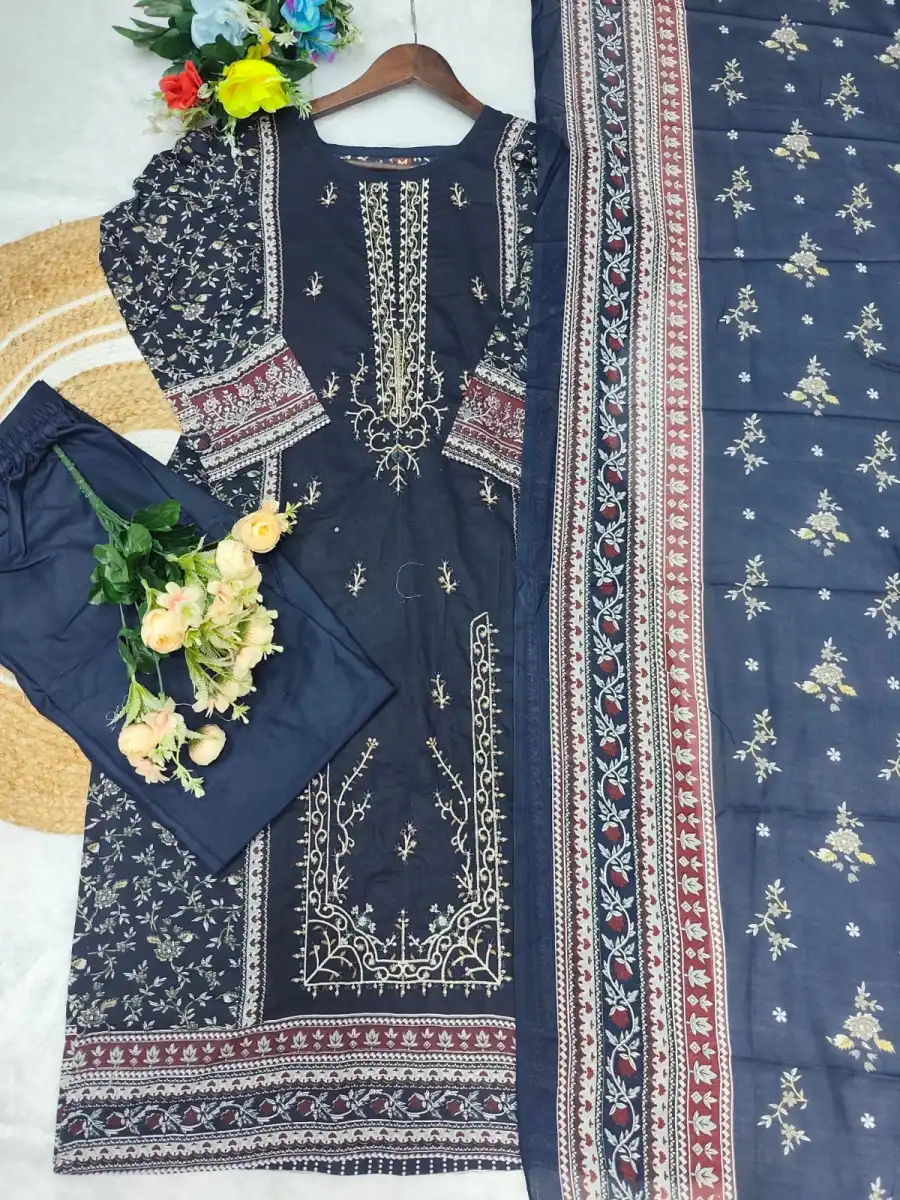 MODERN COTTON PRINT WITH EMBROIDERY SEQUENCE WORK TOP BOTTOM WITH DUPATTA DAILY WEAR WHOLESALE PRICE ETHNIC GARMENT (7)