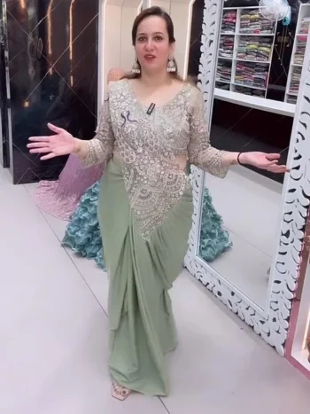 MODERN CREPE EMBROIDERY SEQUENCE WORK READY TO WEAR SAREE WITH STITCHED BLOUSE MINT
