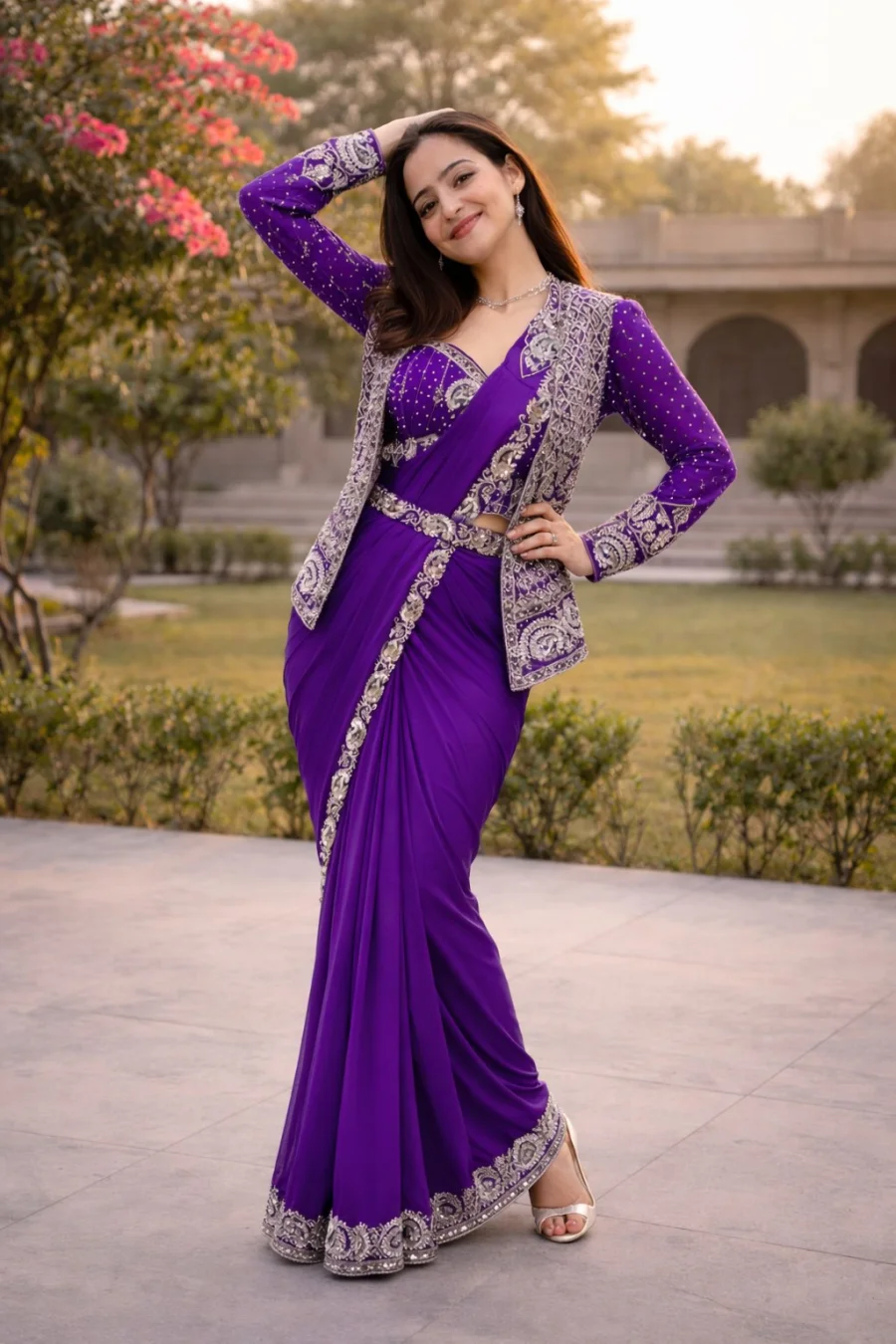 MODERN CREPE SILK EMBROIDERY SEQUENCE LACE WORK READY TO WEAR SAREE WITH STITCHED BLOUSE AND KOTI PARTY WEAR WHOLESALE PRICE ETHNIC GARMENT (11)