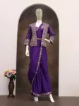 MODERN CREPE SILK EMBROIDERY SEQUENCE LACE WORK READY TO WEAR SAREE WITH STITCHED BLOUSE AND KOTI PARTY WEAR WHOLESALE PRICE ETHNIC GARMENT (9)